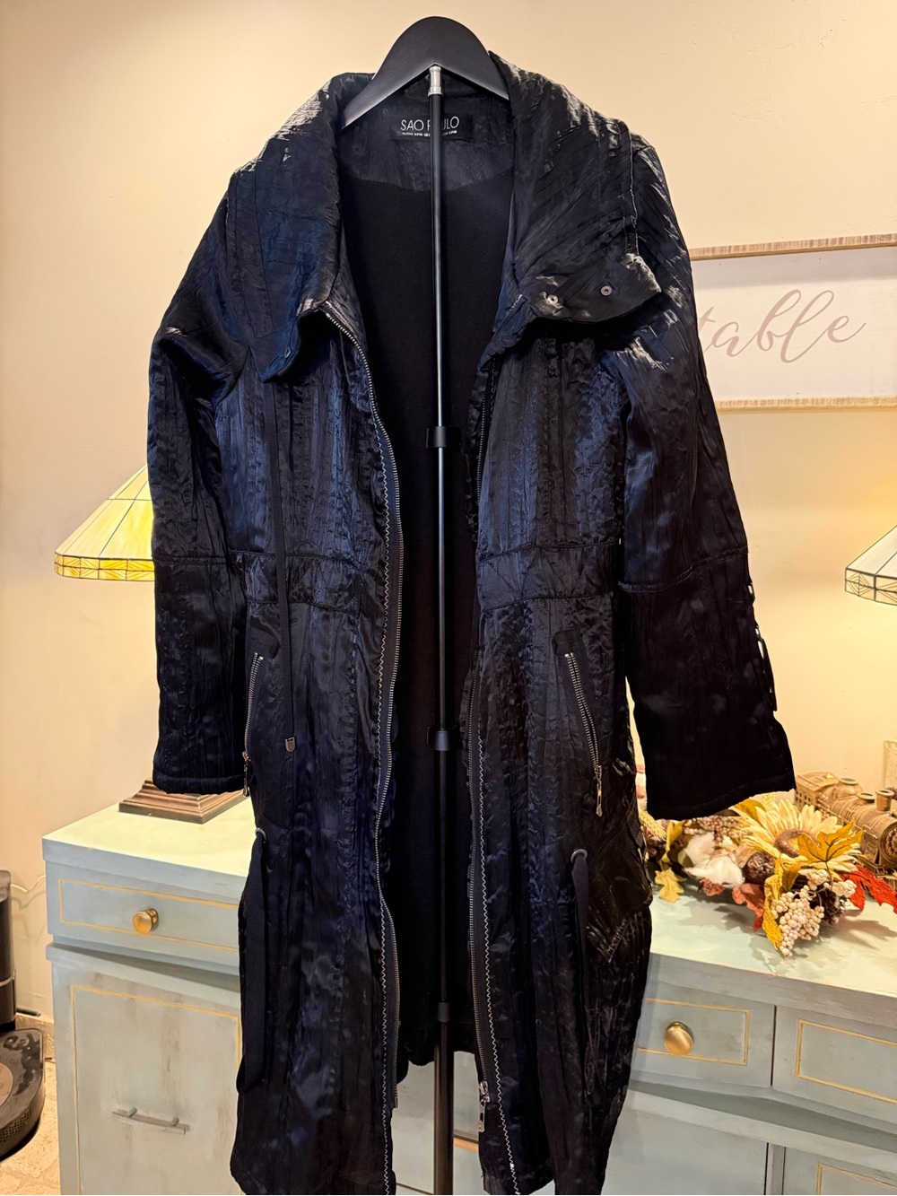 Sao Paulo Black Textured Long Trench Coat Zip Buckle Detail Size 12